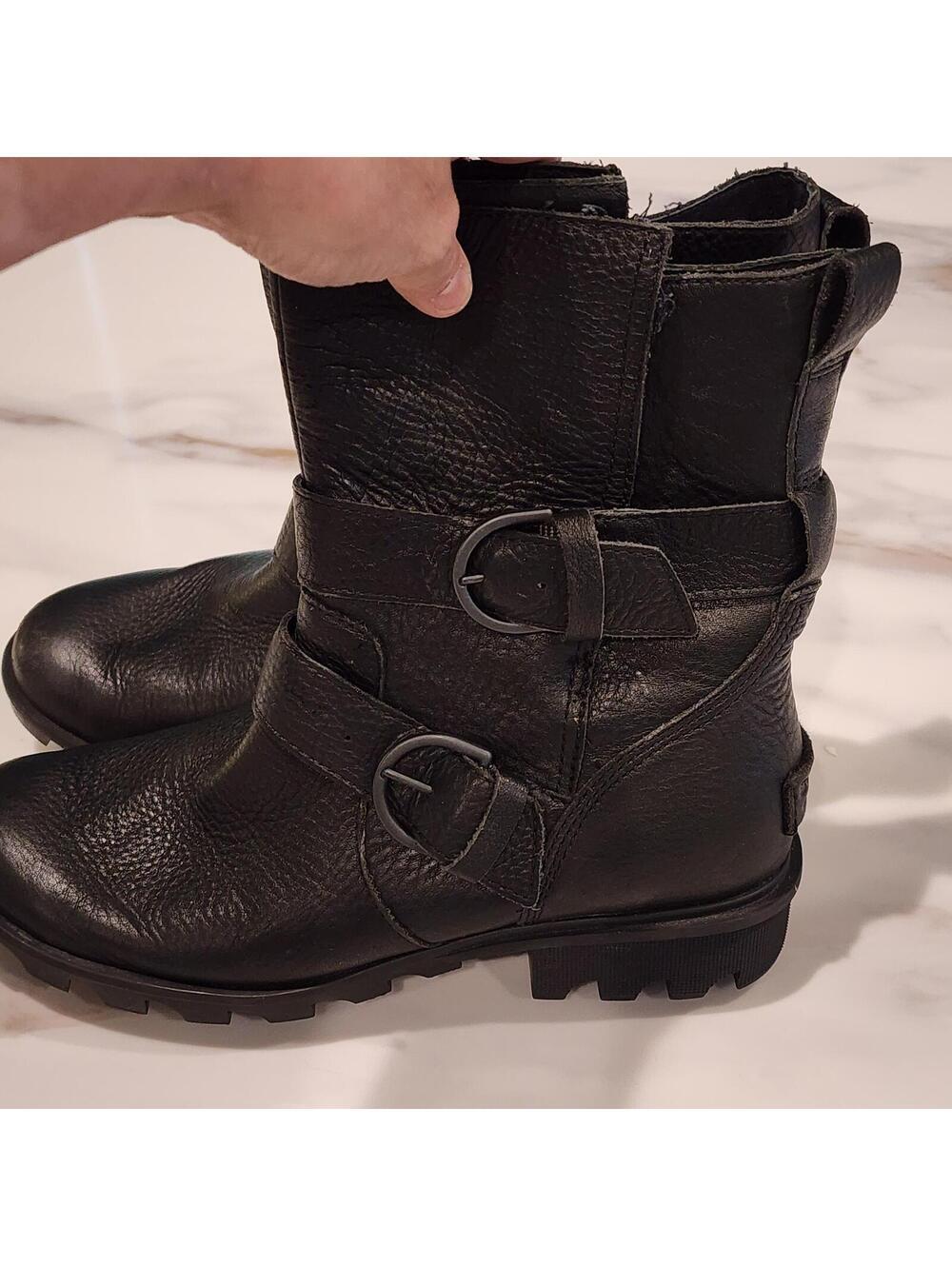 Sorel Leather Moto Boots Women's Size 9.5 Black Buckle Mid Calf EUC